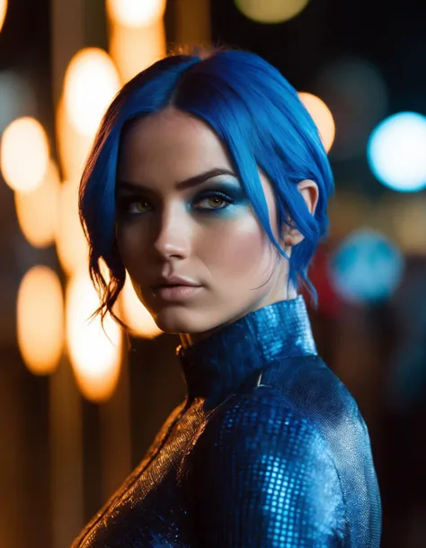 cinematic photo (full height:1.3), a beautiful  (((ohwx woman)))  As Mystique from the X-Men series, transitioning between her blue-skinned form and a disguised appearance., inspired by Krenz Cushart, neoism, kawacy, wlop, gits anime, Fiery, short-cropped hair highlighting her fierce adaptability.   <lora:ana_lora_sdxl_v1-64_cumul_fp16:0.85> . 35mm photograph, film, bokeh, professional, 4k, highly detailed