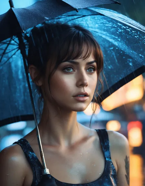 ((masterpiece, Fantasy,One eye closed, Girl)), Brown wavy short hair, Assassin in black cloth, Yellow Eyes, Lakeside