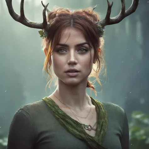 (ohwx woman) <lora:ana_lora_sdxl_v3-000008:1>   as a druid, perfect face, thin antlers, green halter top, ginger hair, abs, cinematic, freckles, stunning, athletic, strong, agile, highly detailed, psychedelic, digital painting, artstation, smooth, hard focus, illustration, art by jessica rossier and and brian froud