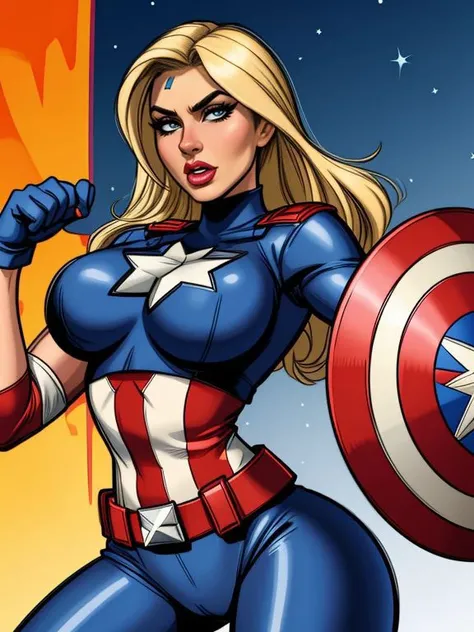 <lora:LCM_LoRA_Weights_SD15:1> sexy toon style cartoon,
Captain America: When Sharon takes up the mantle of Captain America, her costume reflects a patriotic and heroic design, Adapting the iconic red, white, and blue motif, her suit includes wielding a star-spangled shield, The outfit pays homage to the legacy of Captain America while showcasing Sharon dedication to justice and her embodiment of the ideals associated with the iconic shield.,