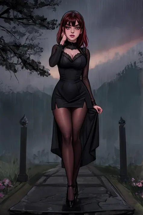 tv_Pure_Kitty_PS_V1, , tearful sad expression, "ready-for-a-funeral", black dress, looking down, in a rainy graveyard at dusk, full body shot, , (((relaxed))), "epic-Ultra-HD-details", "epic-Ultra-HD-highlights", detailed skin, pores,