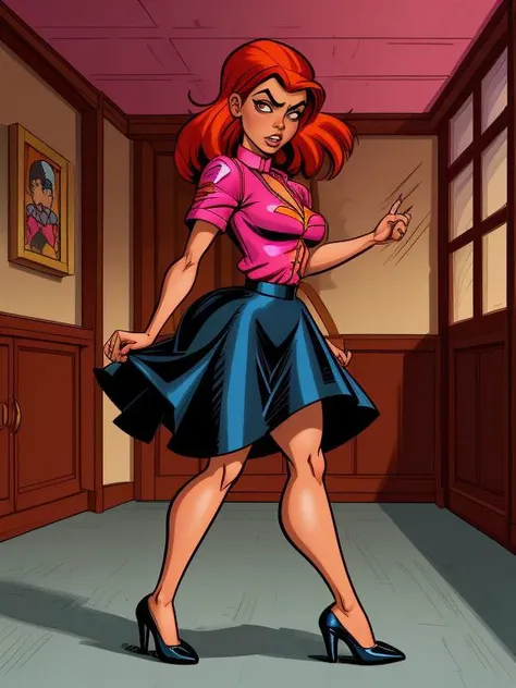 <lora:LCM_LoRA_Weights_SD15:0.7> toon style cartoon, (by Laurie Greasley,Ernie Barnes,Alex Hirsch:1.3),
Reese_Finch,
frightened expression,
midi skirt, silk blouse, and kitten heels,
mediterranean interior,