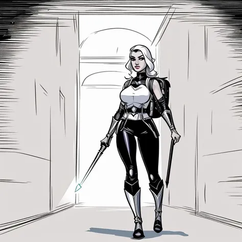 line art drawing, a female adventurer walking down a dark corridor, heroic fantasy, holding a torch and a daguer, backpack, cautious, entire body, professional, sleek, modern, minimalist, graphic, line art, vector graphics, black and white, b&w