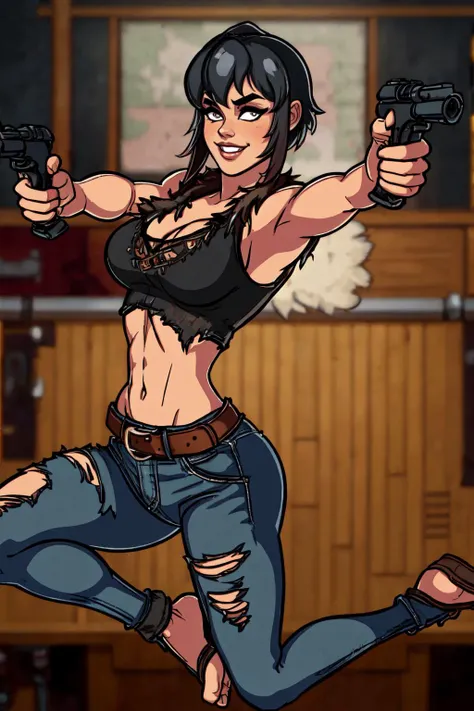 <lora:JennaLora:0.8>((1girl, short hair, rags, belt, fur top lace, midriff, torn clothes:1.2, explosions in background:1.4, firing guns, dualwielding))
beautiful eyes, beautiful girl, high detail skin, high detail eyes, high detail hair, highres, ultra detailed, sharpen picture, Highly detailed, masterpiece, best quality, photorealistic,