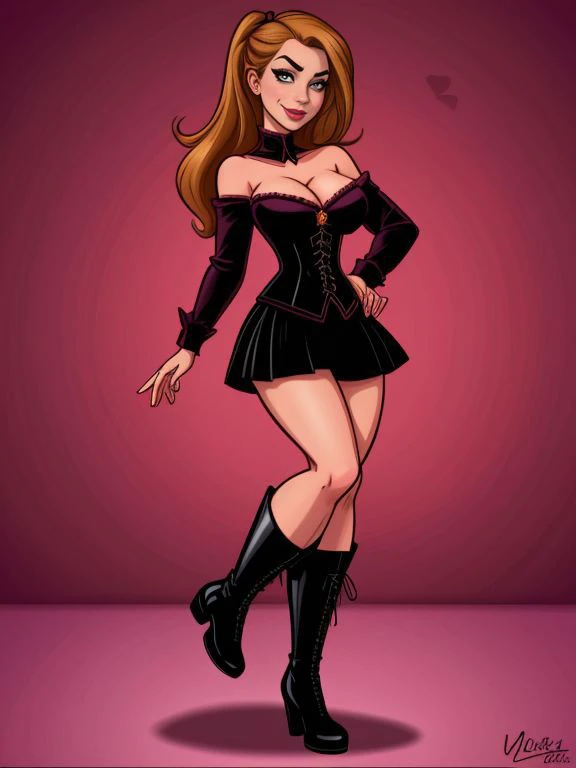 <lora:LCM_LoRA_Weights_SD15:0.7> toon style cartoon,
Kate_McFey,
smug expression,
corset, velvet skirt, and combat boots,
distillery,