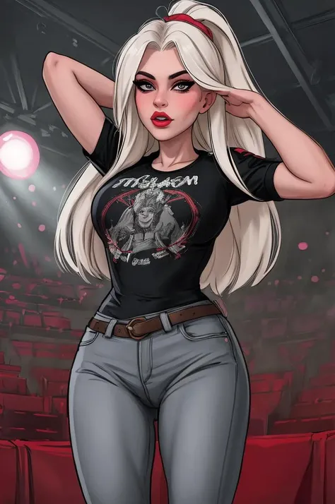 tv_Argenta_Blanca_MXAI_V1, , intense expression, wearing jeans and a t-shirt, standing on the stage at a crowded rock concert, spotlights, god rays, smoky interior, , (((relaxed))), "epic-Ultra-HD-details", "epic-Ultra-HD-highlights", detailed skin, pores,
