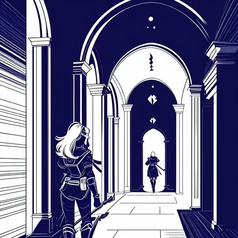 line art drawing, a female adventurer walking down a dark corridor, heroic fantasy, holding a torch and a daguer, backpack, cautious, entire body, professional, sleek, modern, minimalist, graphic, line art, vector graphics, black and white, b&w