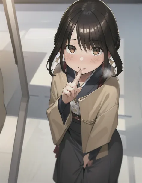 masterpiece, depth of field, cinematic view,<lora:YomYomStyle:0.8>,yomyom,brunette, black hair,cute,pov, standing, outside, japanese street, serious, shy, blushing, pov,(looking up:1.3), (index finger pointing up),looking at viewer