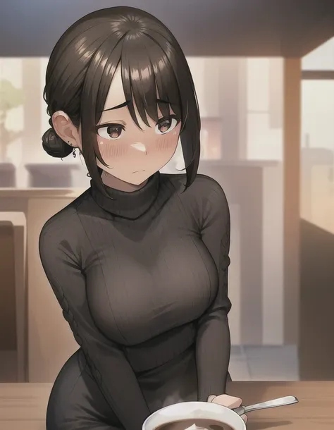 masterpiece, depth of field, cinematic view,<lora:YomYomStyle:0.7>,1 woman,yomyom,brunette,formal outfit,long hair, black hair,cute,(pov), sitting in front, day time, japanese street, serious, (((shy))), ((blushing)), (pov),side view, vibrant colors,cook outfit, side view,((((coffee cup in hand)))), detailed eyes, brown eyes, shining eyes,1 boy, hispanic skin, ((black sweater)), coffee, jewelery, medium breasts, bun hair,(half opened eyes), (looking away), concerned, sleepy