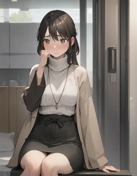 masterpiece, depth of field, cinematic view,<lora:YomYomStyle:0.7>,1 woman,yomyom,brunette,formal outfit,long hair, black hair,cute,(pov), sitting in front, day time, japanese street, serious, (((shy))), ((blushing)),side view, vibrant colors,cook outfit, ((side view)), detailed eyes, brown eyes, shining eyes,hispanic skin, ((black sweater)), jewelery, medium breasts,(half opened eyes), (((looking away))), concerned, sleepy, ((hand on face)), close-up,