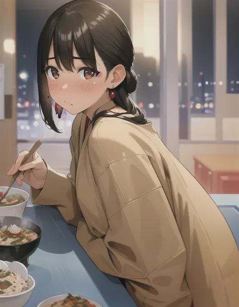 masterpiece, depth of field, cinematic view,<lora:YomYomStyle:0.7>,1 woman,yomyom,brunette,formal outfit,long hair, black hair,cute,(pov), sitting in front, day time, japanese street, serious, (((shy))), ((blushing)), (pov),looking at viewer, vibrant colors,cook outfit, side view,((((food on table)))), detailed eyes, brown eyes, shining eyes,1 boy, hispanic skin, white cook outfit, preparing food, jewelery