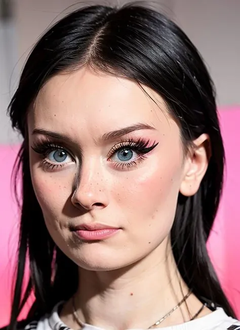 1girl,upper body,(face focus),white t-shirt,blue eyes,angry,((blush,blush nose,makeup,pink eyeliner)),simple red background,<lora:Dasha_Doshik:0.85>