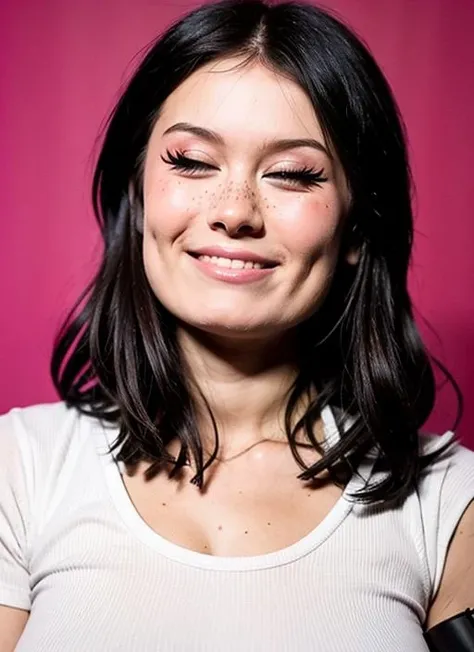 1girl,upper body,(face focus),white t-shirt,(closed eyes),happy,smile,((blush,blush nose,makeup,pink eyeliner)),simple black background,<lora:Dasha_Doshik:0.85>