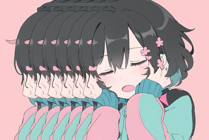 kyukurarin, closed eyes, 1girl, short hair, black hair, hair ornament, flower, pink flower, turquoise jacket, simple background, pink background, <lora:Kurarin-10:1>