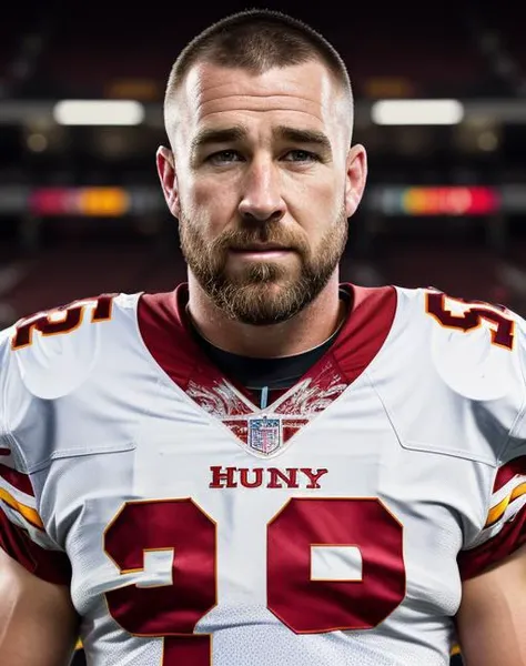 upper body, half body shot, raw photo, tkelceSD15, wearing american football jersey, neutral background, 50mm, 4k textures, 1boy, highly detailed skin, sharp focus, even lighting, well lit, insane details, intricate details, hyperdetailed, rich colors, full color, looking at viewer, looking into camera, happy