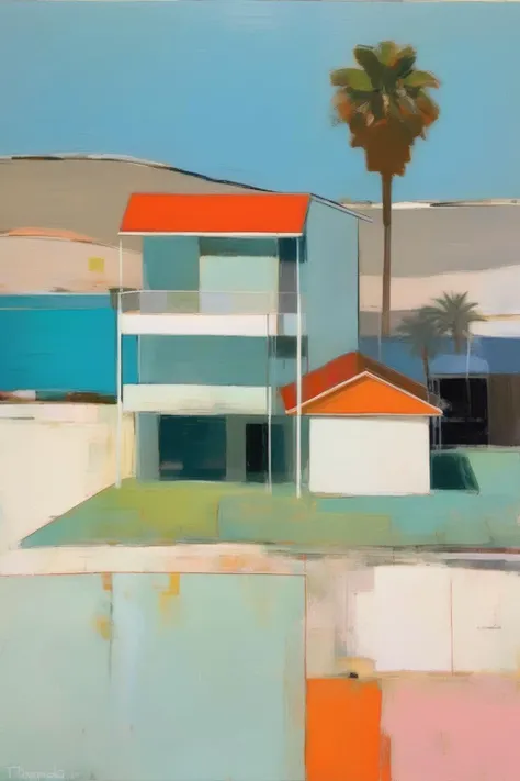 <lora:Raimonds Staprans Style:1>Raimonds Staprans Style - in the style of Richard Diebenkorn, using a vibrant Wayne Thiebaud color palette, create a simple minimalist dramatic composition of a southern California beach community painting