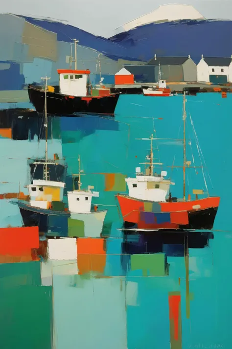 <lora:Raimonds Staprans Style:1>Raimonds Staprans Style - 102013. A painting by Raimonds Staprans. A painting of Mallaig Harbour showcases the thriving fishing industry and rugged beauty of this Scottish harbor through an innovative blend of geometric forms and vivid colors. The busy port, filled with trawlers and fish crates, is portrayed in abstract shapes, while the surrounding mountains and seascape are illustrated in contrasting shades of green, blue, and gray. The composition captures the hardworking spirit and unique character of Mallaig Harbour.