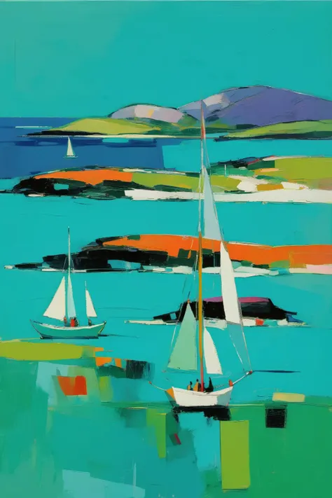 <lora:Raimonds Staprans Style:1>Raimonds Staprans Style - 102076. A painting by Raimonds Staprans. A painting of the Isle of Mull and Iona illustrates the enchanting vistas and diverse landscape of these Scottish islands in the Inner Hebrides through a captivating blend of Cubist and Fauvist styles. The vibrant scene depicts sailboats sailing through the turquoise waters surrounding the Isle of Mull and Iona, framed by the historic Iona Abbey and the lush, rolling hills in the background, portrayed in fragmented shapes and brilliant colors. The composition conveys a sense of wonder and the magical charm of sailing in this picturesque location.
