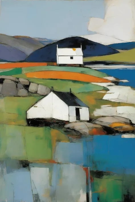<lora:Raimonds Staprans Style:1>Raimonds Staprans Style - 102180. A painting by Richard Diebenkorn. A painting of the Peanmeanach Bothy highlights the rugged atmosphere and striking setting of this Scottish refuge on the remote Ardnamurchan Peninsula. The white - washed structure overlooks the calm waters of Loch Ailort, dwarfed by the imposing peaks of the surrounding hills, depicted in fractured shapes and striking colors. The composition conveys a sense of adventure and the untamed beauty of this secluded bothy