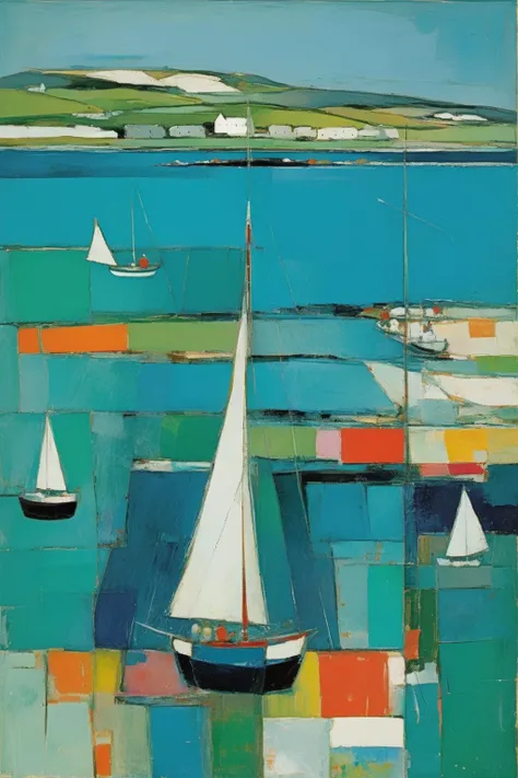 <lora:Raimonds Staprans Style:1>Raimonds Staprans Style - 102176. A painting by Richard Diebenkorn. A painting of the Isle of Mull and Iona illustrates the enchanting vistas and diverse landscape of these Scottish islands in the Inner Hebrides through a captivating blend of Cubist and Fauvist styles. The vibrant scene depicts sailboats sailing through the turquoise waters surrounding the Isle of Mull and Iona, framed by the historic Iona Abbey and the lush, rolling hills in the background, portrayed in fragmented shapes and brilliant colors. The composition conveys a sense of wonder and the magical charm of sailing in this picturesque location.