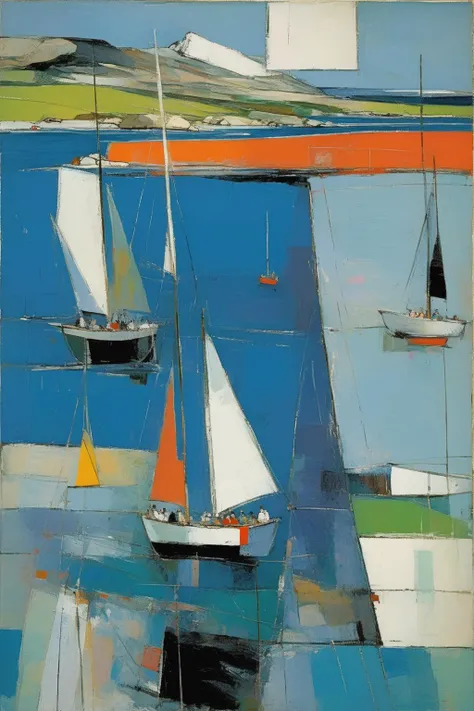 <lora:Raimonds Staprans Style:1>Raimonds Staprans Style - 102175. A painting by Richard Diebenkorn. A painting of sailing boats near the Ardnamurchan Peninsula highlights the rugged atmosphere and striking coastline of this Scottish headland through a captivating fusion of Cubist and Fauvist styles. The scene features a flotilla of sailboats effortlessly gliding through the windswept waters, dwarfed by the imposing lighthouse and dramatic cliffs of the Ardnamurchan Peninsula, depicted in fractured shapes and striking colors. The composition conveys a sense of daring and the untamed beauty of sailing in this remote location.