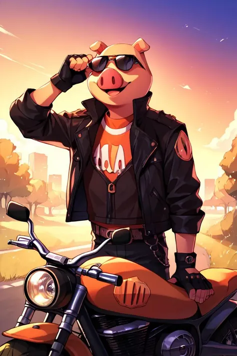 score_9, score_8_up, score_7_up, score_6_up, <lora:Pigma_Dengar:1> pigma dengar, sunglasses, biker, leather jacket, fingerless gloves, motorcycle, source_anime