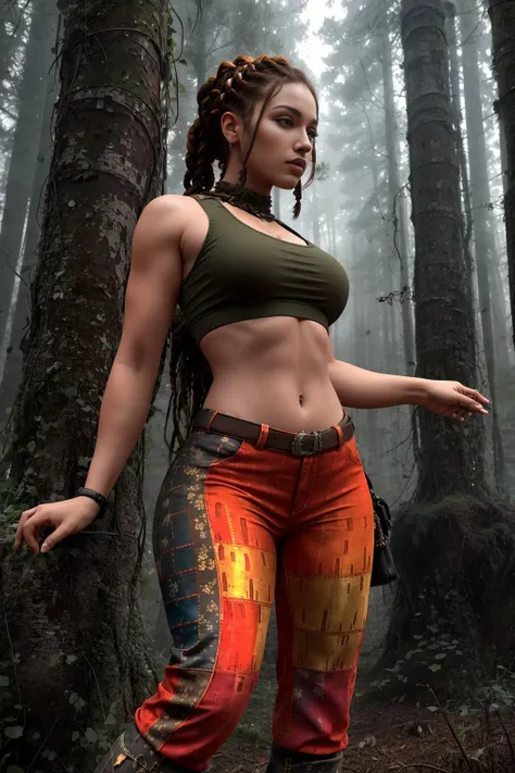 <lora:hiptrous_v3:0.8>
masterpiece, highly detailed 8k, best quality, volumetric lighting, volumetric lighting, intricate
1girl in hiptrous pants, orange cornrows , Full Shot, Army Brown eyes
mushroom forest background