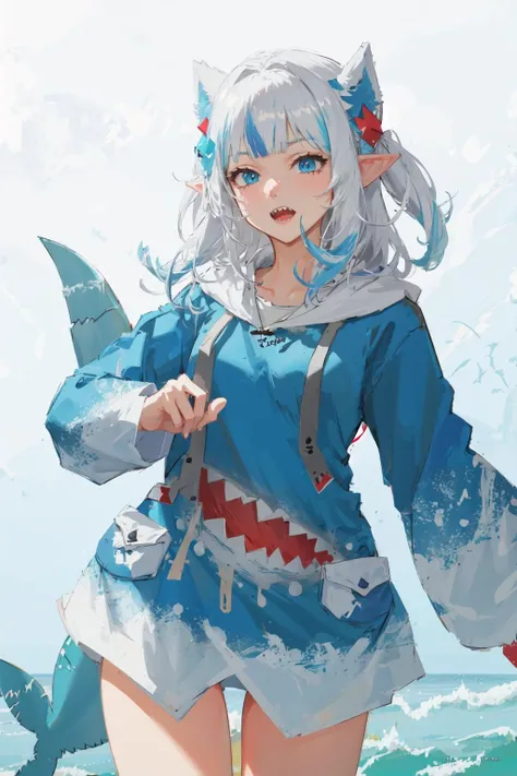 1girl, masterpiece, koahri, elf, cowboy shot, gawr gura, <lora:gura:1>, sharp teeth, shark tail, gawr gura, blue hoodie, shark hood