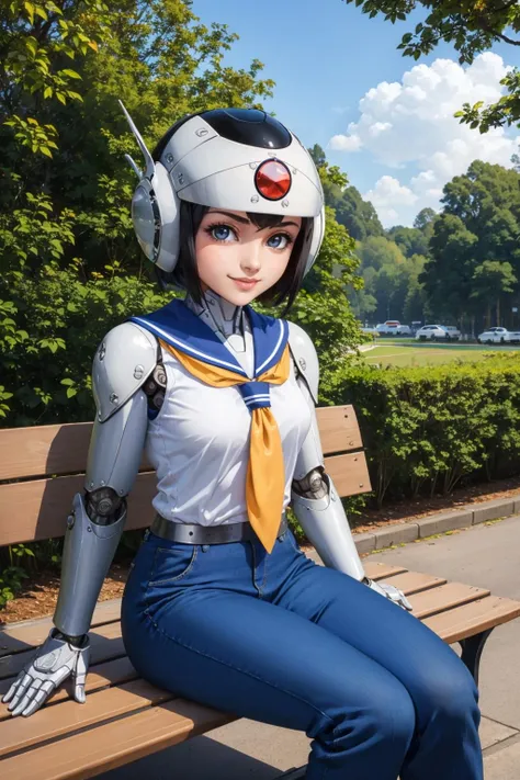 masterpiece, best quality, <lora:ouka-nvwls-v1-000010:0.7> ouka, robot girl, robot, helmet, serafuku, blue pants, sitting, looking at viewer, smile, bench, park, tree, sky, city