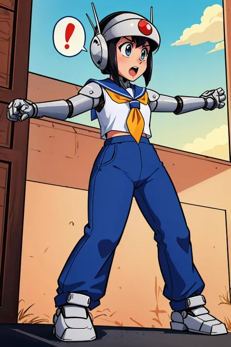 masterpiece, best quality, <lora:ouka-nvwls-v1-000010:0.7> ouka, robot girl, robot, helmet, serafuku, blue pants, standing, shocked, surprised, spoken exclamation mark, sky, city, dynamic pose, outstretched arms