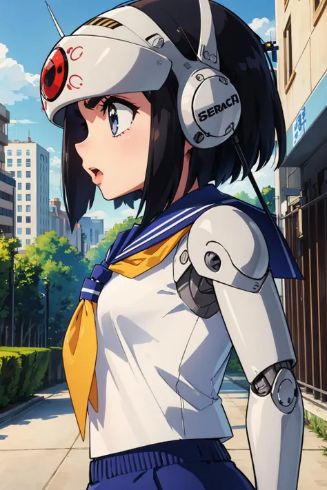 masterpiece, best quality, <lora:ouka-nvwls-v1-000010:0.8> ouka, robot girl, robot, helmet, serafuku, blue pants, upper body, from side, surprised, city
