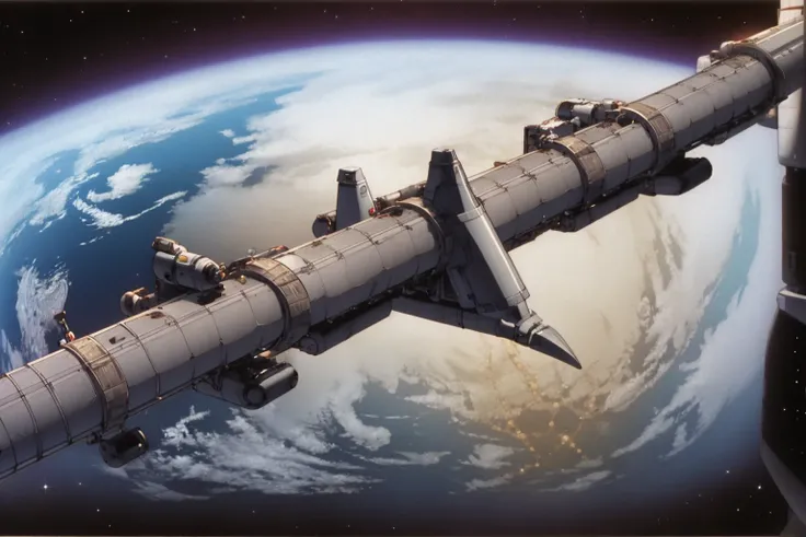 masterpiece, best quality, earth \(planet\), no humans, planet, science fiction, sksgw, space, spacecraft, space station <lora:GundamWingStyle:1>