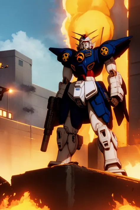 masterpiece, best quality, mecha, gundam, no humans, black armor, blue eyes, science fiction,  fire, laser canon beam, war, conflict, destroyed city background  <lora:GundamWingStyle:1>