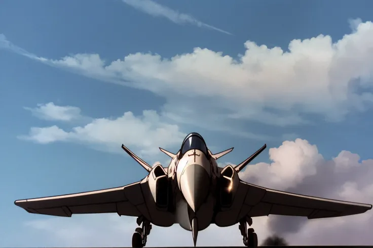 masterpiece, best quality, military aircraft, fighter jet, no humans, sksgw, blue sky, cloud, day, <lora:GundamWingStyle:1>