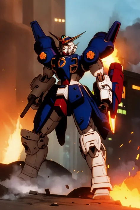 masterpiece, best quality, mecha, gundam, no humans, black armor, blue eyes, science fiction, fire, laser canon beam, war, conflict, destroyed city background <lora:GundamWingStyle:1>