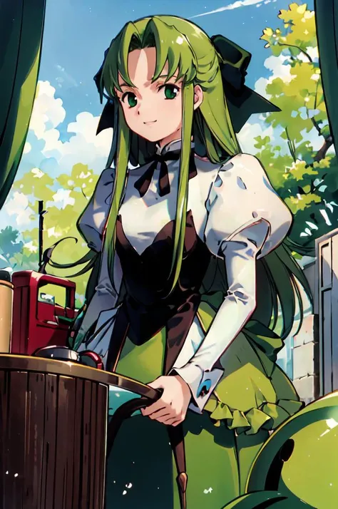 smile, <lora:GundamWingStyle:0.85> sksgw, retro artstyle, science fiction, <lora:RtPL-Fia:1> Fia_(riviera), green eyes, green dress, very long hair, long hair, bow, dress, frills, frilled dress, long sleeves, puffy sleeves,, ultra detailed, masterpiece, best quality,