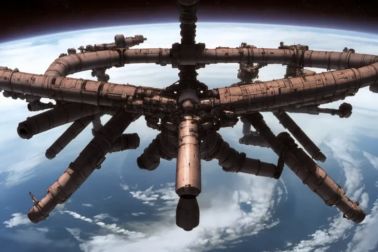 masterpiece, best quality, earth \(planet\), no humans, planet, science fiction, sksgw, space, spacecraft, space station <lora:GundamWingStyle:1>