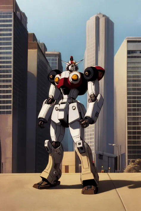 masterpiece, best quality, robot, one-eyed, no humans, retro artstyle, science fiction, sksgw, city background <lora:GundamWingStyle:1>
