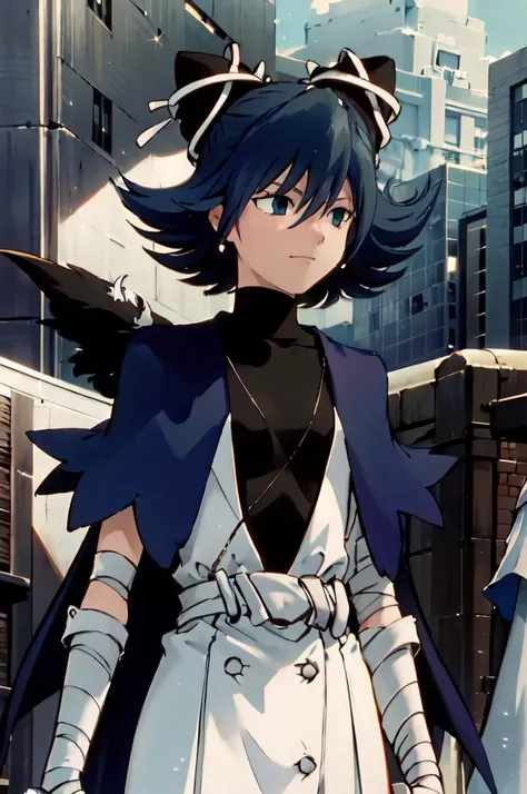 smug, <lora:GundamWingStyle:1> sksgw, retro artstyle, science fiction, <lora:RtPL-Serene:1> serene_\(riviera\), blue_capelet, white_coat, black_bodysuit, black_headwear, bandages, short_hair,, ultra detailed, masterpiece, best quality,
