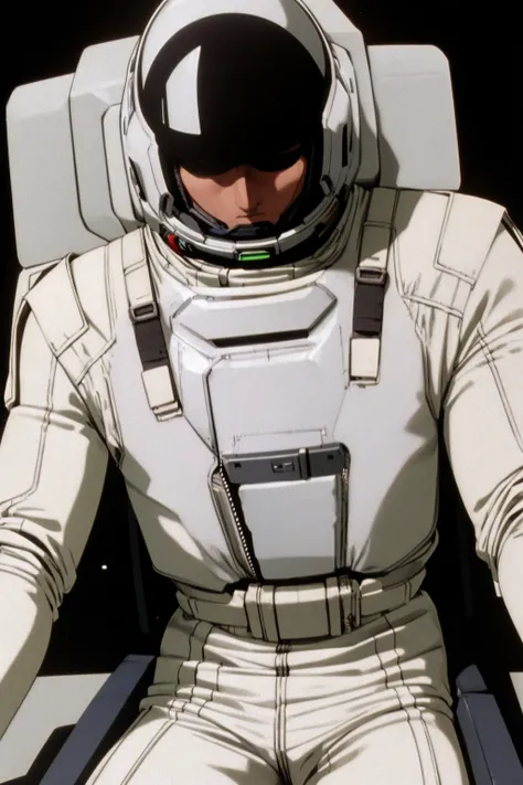 masterpiece, best quality, 1boy, gloves, helmet, male focus, pilot suit, science fiction, sitting, solo, spacesuit, sksgw, retro artstyle, black background <lora:GundamWingStyle:1>