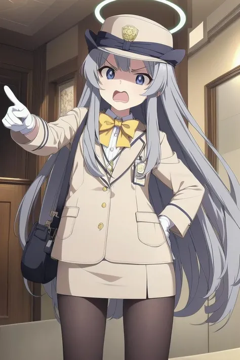 (masterpiece, best quality:1.4), ultra-detailed, high resolution, extremely detailed cg, anime picture, illustration, 1girl, angry, halo, hat, gray hair, long hair, yellow bowtie, jacket, long sleeves, gloves, pencil skirt, pantyhose, bag, pointing at viewer, hand on hip, <lora:ht_mob:0.7> <lora:deresute-v1.2:0.3>,