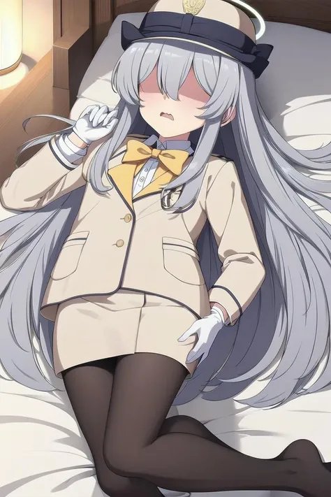 (masterpiece, best quality:1.4), ultra-detailed, high resolution, extremely detailed cg, anime picture,, illustration, 1girl, long bangs, hair over eyes, (shaded face:1.3), (halo), hat, gray hair, long hair, (embarrassed), yellow bowtie, jacket, long sleeves, gloves, pencil skirt, pantyhose, lying, on bed, full body, <lora:ht_mob:0.7> <lora:deresute-v1.2:0.3>