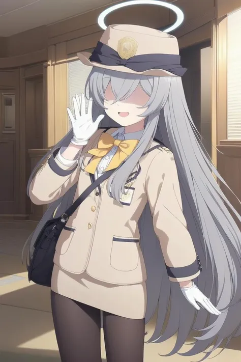 (masterpiece, best quality:1.4), ultra-detailed, high resolution, extremely detailed cg, anime picture, illustration, 1girl, long bangs, hair over eyes, (shaded face:1.3), halo, hat, gray hair, long hair, yellow bowtie, jacket, long sleeves, gloves, pencil skirt, pantyhose, shoulder bag, waving, looking at viewer,    <lora:ht_mob:0.7>  <lora:deresute-v1.2:0.5>,