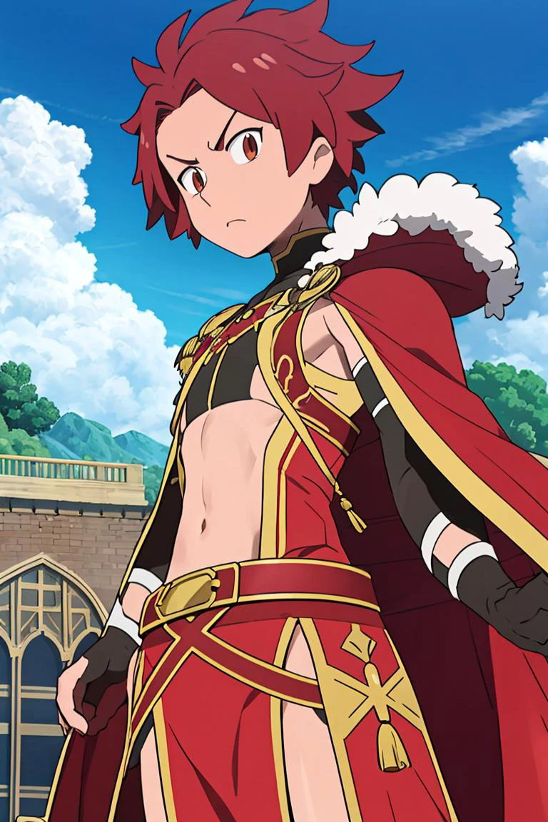 <lora:Alola_Style:0.65>, ((masterpiece,best quality)), absurdres, <lora:alexanderfgo:0.7>, alexanderfgo, 1boy, navel, stomach, waist cape, red cape, off the shoulder, pelvic curtain, palace background, from above, dutch angle, looking down on viewer, castle, cowboy shot, silhouette, serious