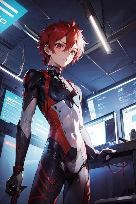 <lora:alexanderfgo:.7> alexanderfgo, 1boy,, bodysuit, high tech, skindentation, mecha pilot, evangelion, neon, cybertech, typing, using computer, from below, underlighting, facility, metropolis