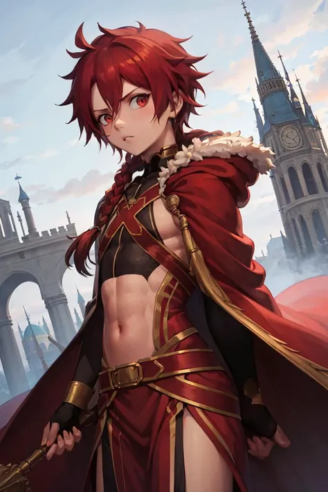 ((masterpiece,best quality)), absurdres, <lora:alexanderfgo:0.7>, alexanderfgo, 1boy, navel, stomach, waist cape, red cape, off the shoulder, pelvic curtain, palace background, from above, dutch angle, looking down on viewer, castle, cowboy shot, silhouette, serious