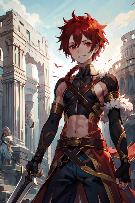 <lora:alexanderfgo:.7> alexanderfgo, 1boy, solo, waist-cape, bare shoulders, pelvic curtain, crop top, fingerless gloves, sword, holding weapon, pointing sword, duel, smug, confident, grin, colosseum