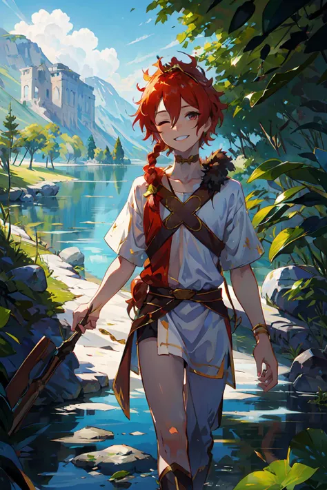 <lora:alexanderfgo:.7> alexanderfgo, 1boy, solo, greek tunic, white tunic, leaf crown, walking, facing viewer, smile, one eye closed, winking, lake, nature, plains