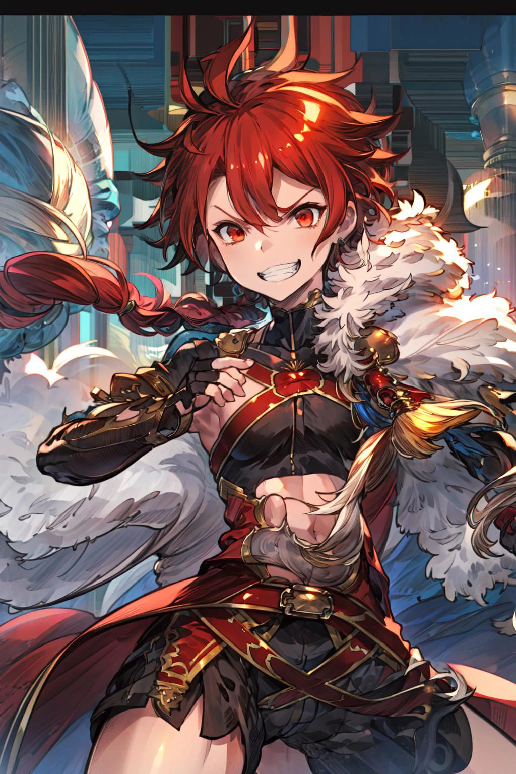 <lora:Granblue Fantasy-STYLE>, <lora:alexanderfgo:1> alexanderfgp, crop top, waist cape, cape, off the shoulder, stance, fighting stance, angry, confident, grin