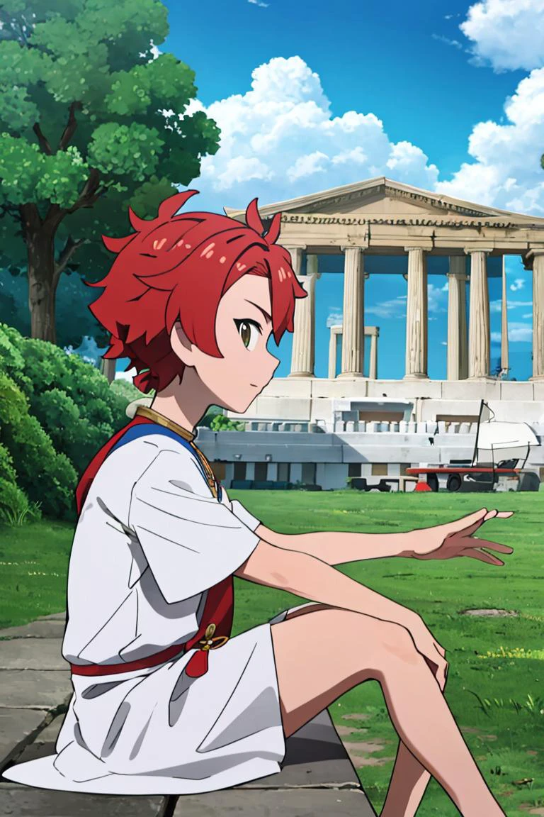 <lora:Alola_Style:0.65>, ((masterpiece,best quality)), absurdres, <lora:alexanderfgo:0.7>, alexanderfgo, 1boy, white greek tunic, leaf crown, white tunic, sitting down, looking at viewer, from side, greek temple, lake,